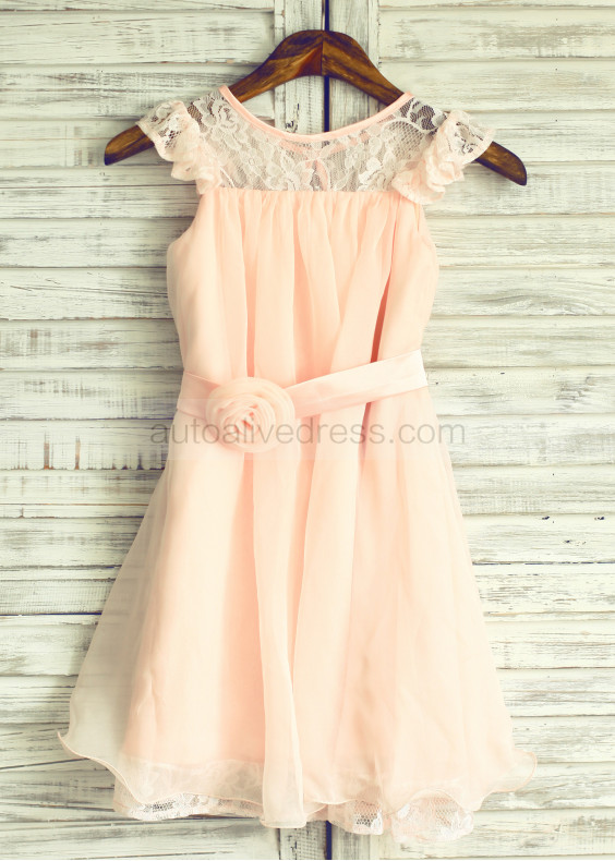 Blush Pink Lace Chiffon Curly Hem Flower Girl Dress With Flower Sash